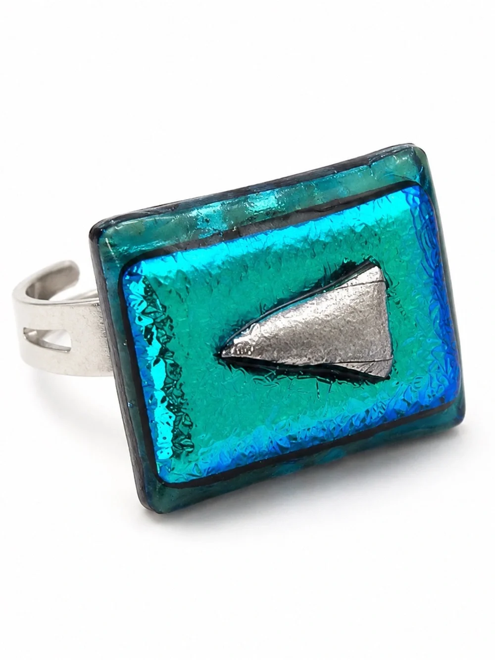 Handmade Dichroic Fused Glass Statement Ring Blue Turquoise Adjustable Artisan R
